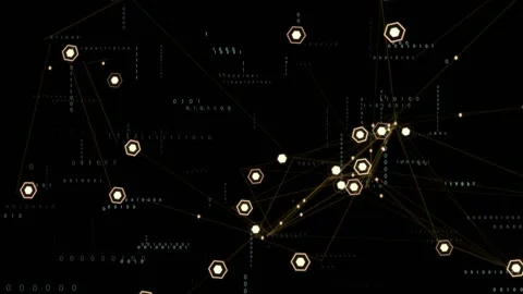 Lower-left pulse sending center-right hex nodes, tech lines pulsing while binary Stock Footage 331833265