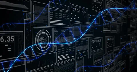 Lower left starting glowing blue waveform pulsing through panels updating gauges Stock Footage 309893988