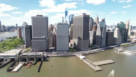 Lower Manhattan and East River Wide Aerial, 4K Stock Footage 242757632