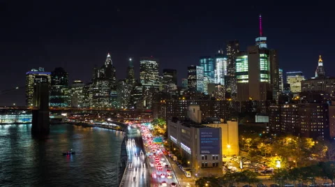 Lower Manhattan and FDR Drive New York City Night Timelapse Stock Footage