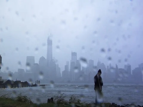 Lower Manhattan and the Freedom Tower during Hurricane Sandy Stock Footage 80059192