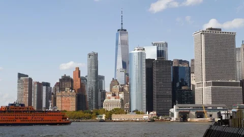Lower Manhattan in Backdrop with Staten Island Ferry traveling to right Stock Footage 115946555