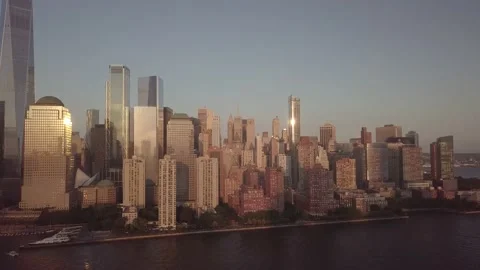 Lower Manhattan Drone Clip during Sunset Stock Footage 130816518