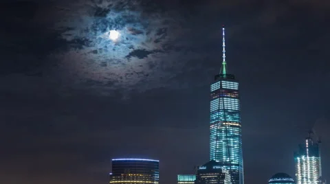 Lower Manhattan, New York Freedom Tower and Moon Rise Night Timelapse Stock Footage