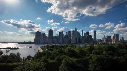 Lower Manhattan Skyline from Brooklyn Heights on a Sunny Summer Day Stock Footage 340900084