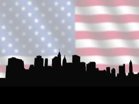 Lower manhattan skyline with flag Stock Illustration