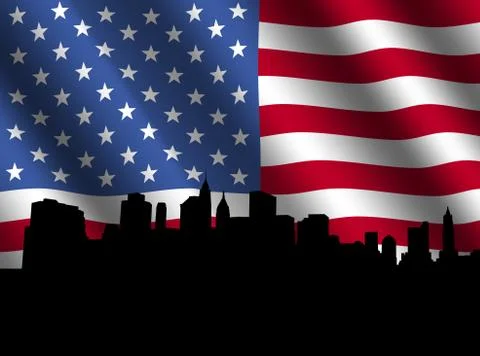 Lower manhattan skyline with flag Ilustración de archivo