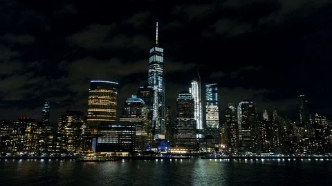 Lower Manhattan Skyline Lit Up at Night in New York City Stock Footage 85992626