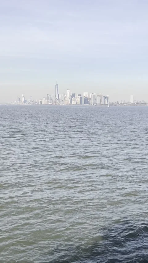 Lower Manhattan Skyline with One World Trade Center Vertical Ferry View Stock Footage 328158503