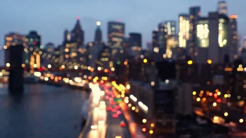 Lower Manhattan Skyline: Out of Focus Night View from Brooklyn Stock Footage 339273578