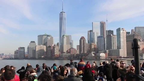 Lower Manhattan skyline seen from ferry to Statue of Liberty - 2 versions Stock Footage 81039552