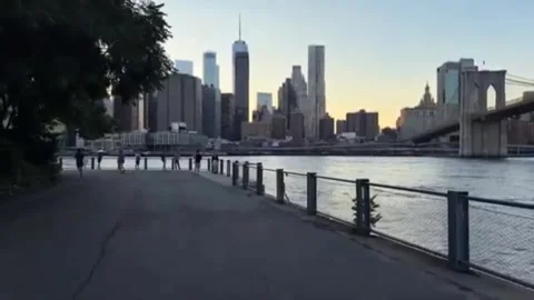 Lower Manhattan Skyline View From Brooklyn Bridge Park At Dusk New York Stock Footage 342977495