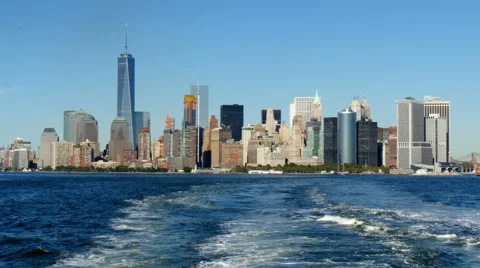 Lower manhattan skyline view from moving staten island ferry 4K UHD Stock Footage 56090123