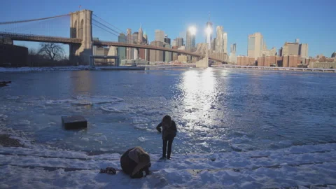 Lower Manhattan skyscraper stands beyond frozen Pebble Beach in Brooklyn. Vídeo Stock 336813714