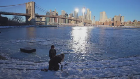 Lower Manhattan skyscraper stands beyond frozen Pebble Beach in Brooklyn. Vídeo Stock 336814025