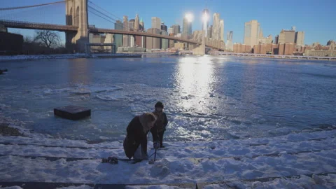 Lower Manhattan skyscraper stands beyond frozen Pebble Beach in Brooklyn. Vídeos de archivo 336814106