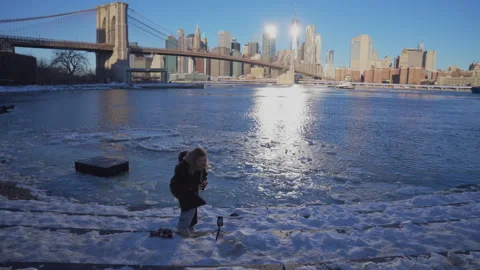 Lower Manhattan skyscraper stands beyond frozen Pebble Beach in Brooklyn. Vídeo Stock 336814443