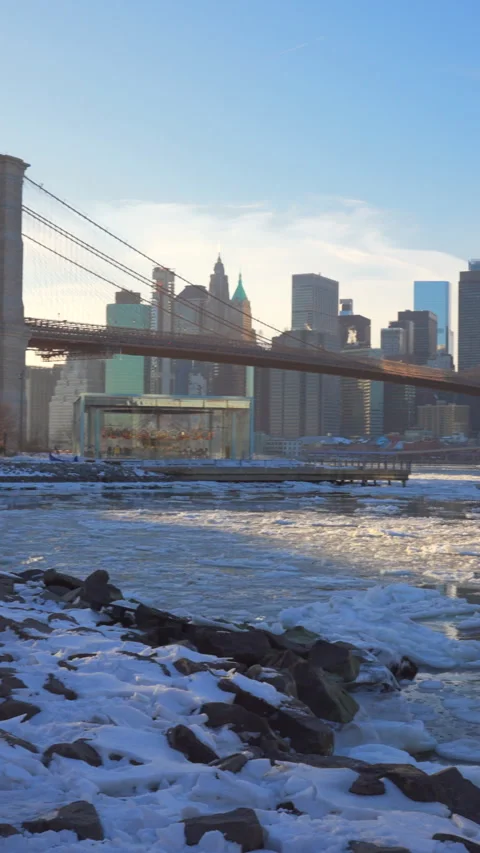 Lower Manhattan skyscraper stands beyond  frozen Pebble Beach in Brooklyn in NYC Vídeo Stock 336974441