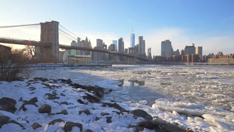 Lower Manhattan skyscraper stands beyond  frozen Pebble Beach in Brooklyn in NYC Vídeo Stock 336974655