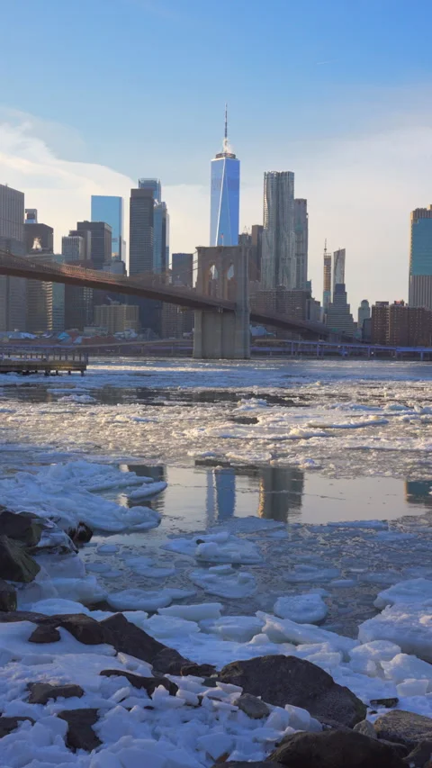 Lower Manhattan skyscraper stands beyond  frozen Pebble Beach in Brooklyn in NYC Vídeos de archivo 336974933