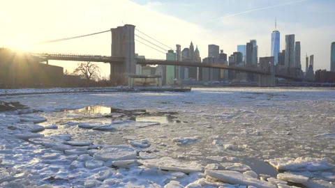 Lower Manhattan skyscraper stands beyond  frozen Pebble Beach in Brooklyn in NYC Vídeo Stock 336978265