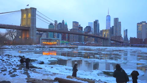 Lower Manhattan skyscraper stands beyond  frozen Pebble Beach in Brooklyn in NYC Vídeo Stock 337004658