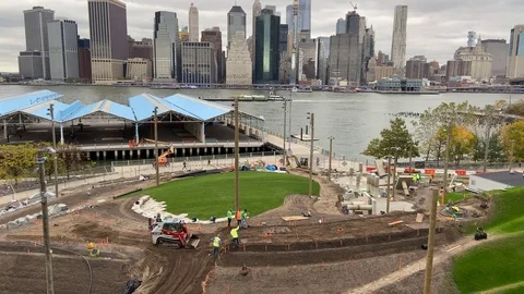 Lower Manhattan view from Brooklyn construction Stock Footage 119189589