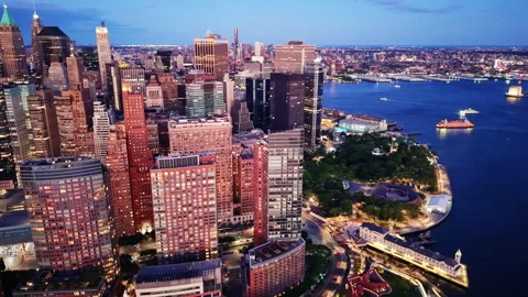 Lower manhattan waterfront at dusk, New York, New York Stock Footage 343850785