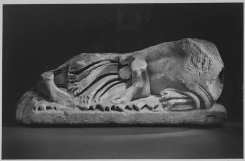 Lower right corner of a marble sarcophagus, illustrating the discovery of A.. Stock Illustration