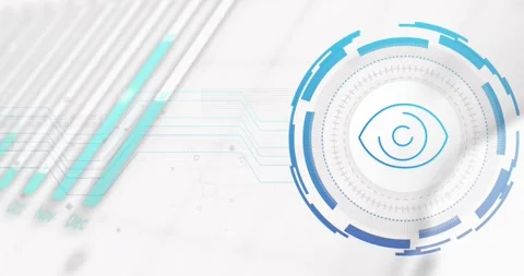 Lower-right cyan circle entering, circular HUD with eye rotating, pulsing, Stock Footage 321453413