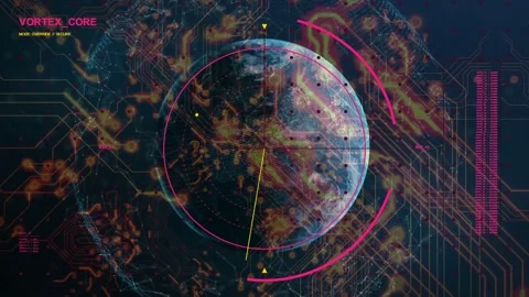 Lower-right yellow sweep starting HUD scan, rotating across cratered orb, Stock Footage 334725035
