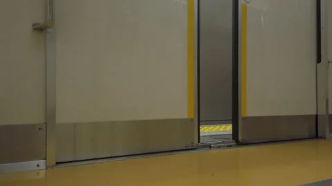 Lower view to door from inside commuter subway train while closing and prep.. Stock Footage 223318734