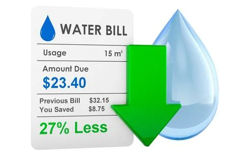Lower water bill with green down arrow and water drop. 3D rendering Stock Illustration