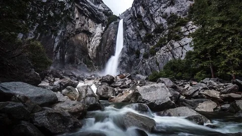 Lower Yosemite Falls Timelapse of Waterfall Stock Footage 76707613