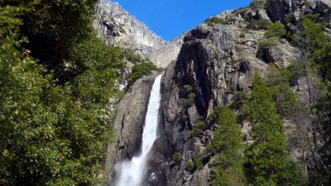 Lower Yosemite Falls Waterfall Over a Log - Tilt & Dolly Stock Footage