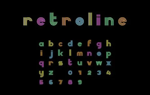Lowercase Retro Line Font Vector with Neon Color Accents and Numbers Illustrazione stock