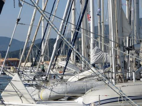 Lowered the sails Lefkada port Stock Photos