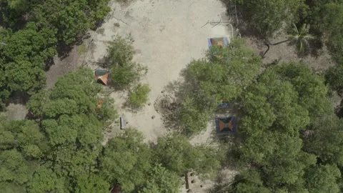 Lowering and rotating drone shot of campsite Stock Footage 247404396