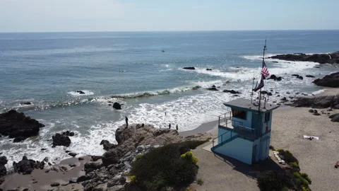 Lowering down to Malibu lifeguard tower, drone shot 4K Stock Footage 271119460