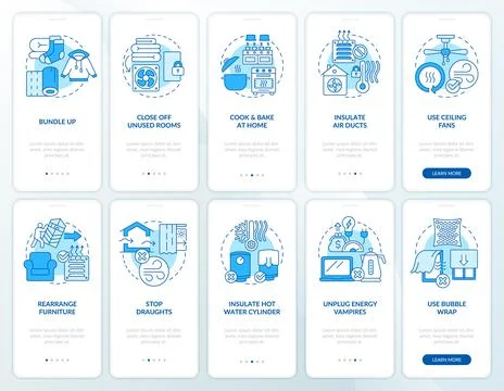 Lowering heat energy using blue onboarding mobile app screen set Stock Illustration