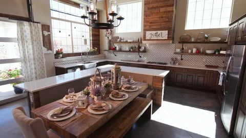 Lowering from High to Show Modern Kitchen and Dining Table Video stock 76255931