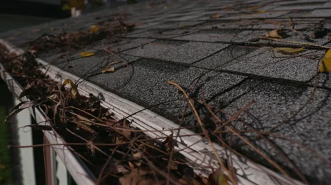 Lowering From Roof Shingles to Clogged Gutter Stock Footage 68774518