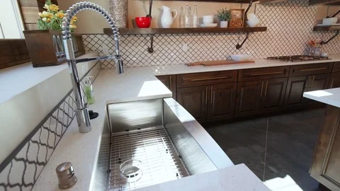Lowering on Sink in Large Modern Rustic Kitchen Stock Footage 76255936