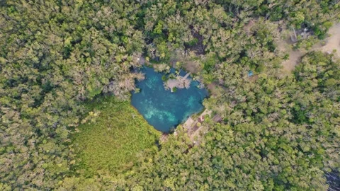 Lowering top down aerial shot of a private lagoon in Mexico that looks Video stock 229218533