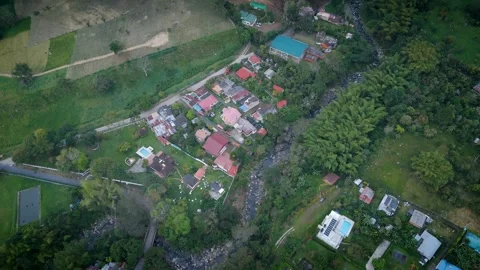 Lowering Toward Miniature Township Straddling Cobbled Torrent Channel Stock Footage 316860811