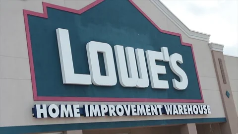 Lowes home improvement warehouse hardware storefront logo in summer, close up Stock Footage 249097136