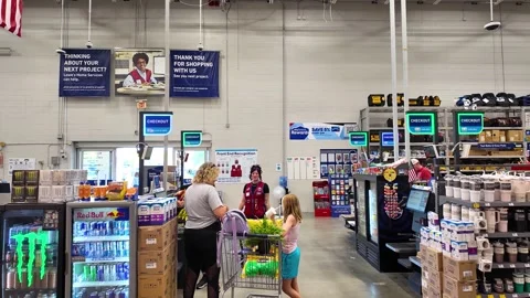 Lowe's Home Improvement Warehouse interior customer checkout people merchandise Stock Footage 279593545