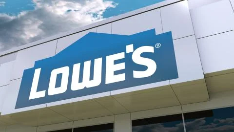 Lowe's logo on the modern building facade. Editorial 3D rendering Ilustración de archivo