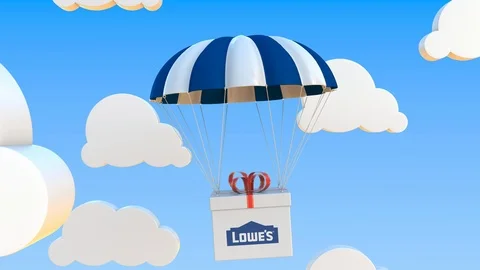 LOWE'S logo on moving box moves under parachute. Editorial loopable 3D animation Stock Footage 122881630