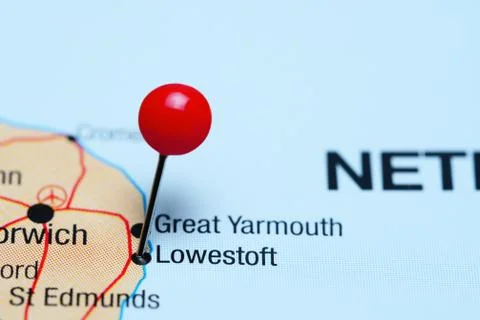 Lowestoft pinned on a map of UK Foto stock